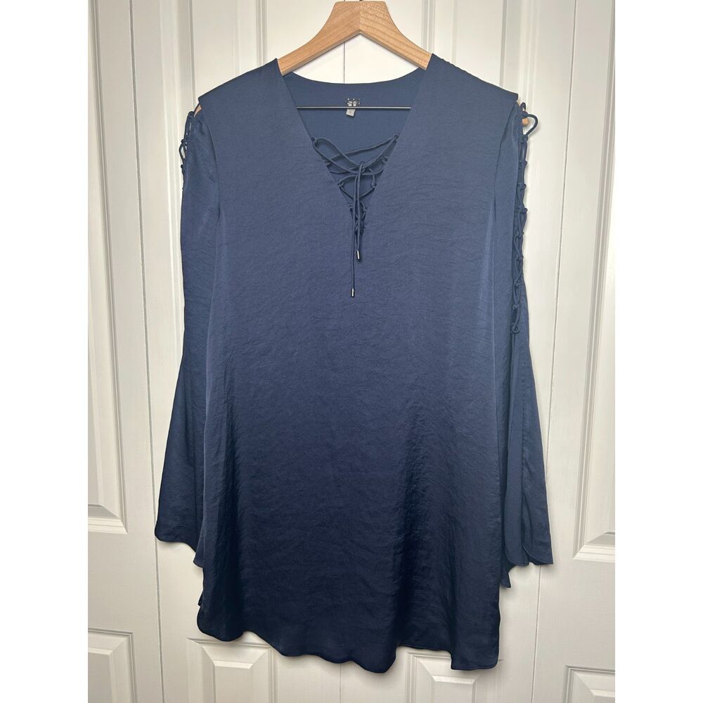 Haute Hippie Navy Blue Satin Lace Up Bell Sleeve Mini Dress Tunic 0